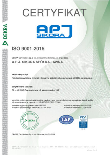 Certyfikat ISO 9001:2015 firmy APJ Sikora